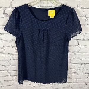 Maeve by Anthropologie Swiss Polka Dot Blouse Scalloped Hem Sheer Navy 2